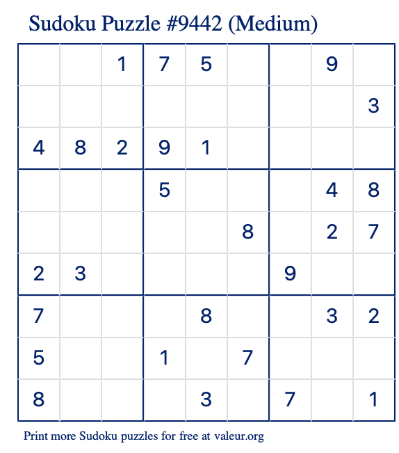 Free Printable Medium Sudoku Puzzle number 9442