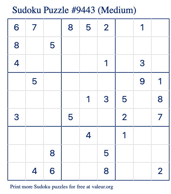 Free Printable Medium Sudoku Puzzle number 9443