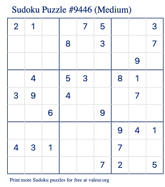 Free Printable Medium Sudoku Puzzle number 9446