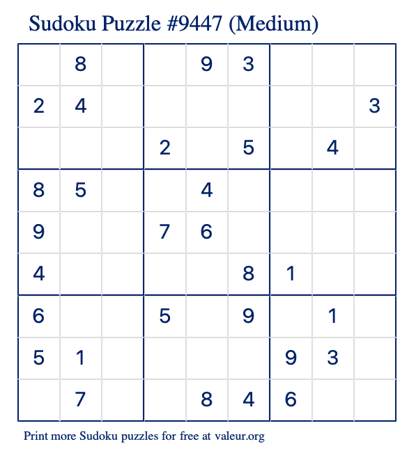Free Printable Medium Sudoku Puzzle number 9447