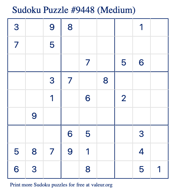 Free Printable Medium Sudoku Puzzle number 9448
