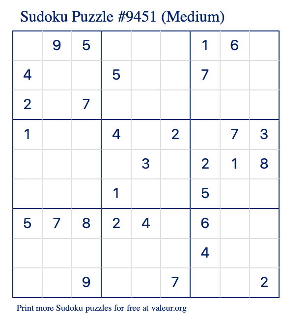 Free Printable Medium Sudoku Puzzle number 9451