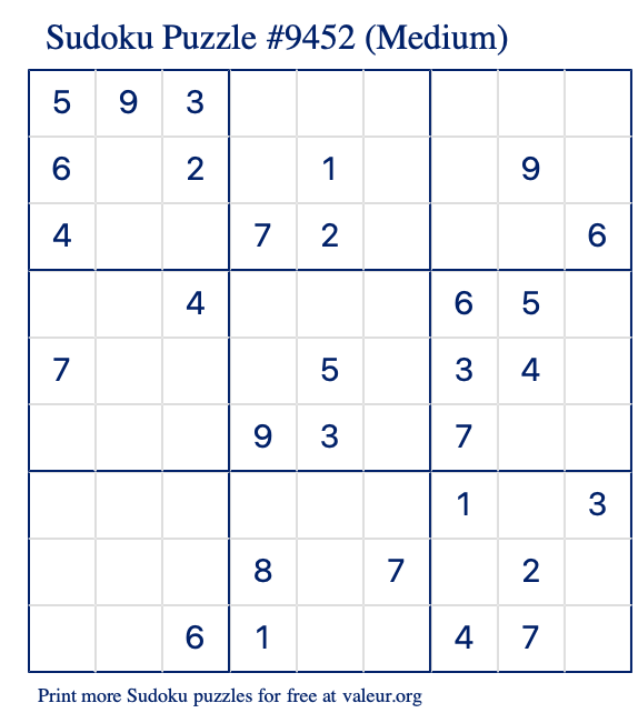Free Printable Medium Sudoku Puzzle number 9452