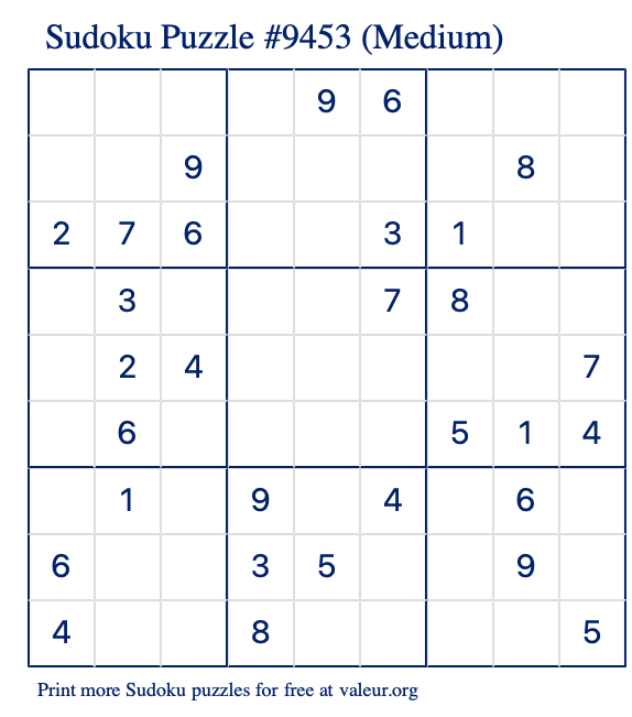 Free Printable Medium Sudoku Puzzle number 9453