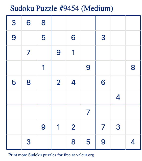 Free Printable Medium Sudoku Puzzle number 9454