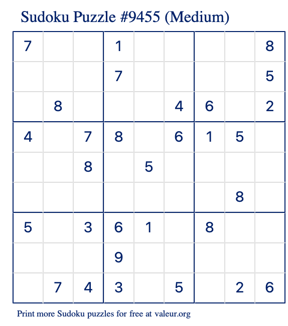Free Printable Medium Sudoku Puzzle number 9455
