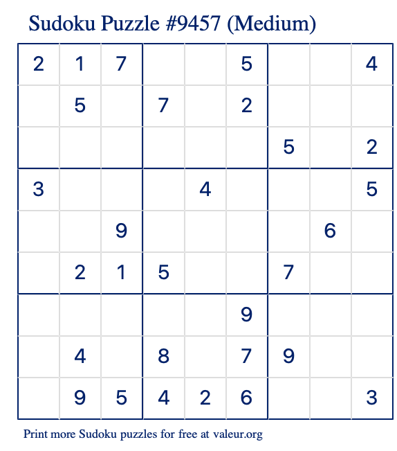 Free Printable Medium Sudoku Puzzle number 9457