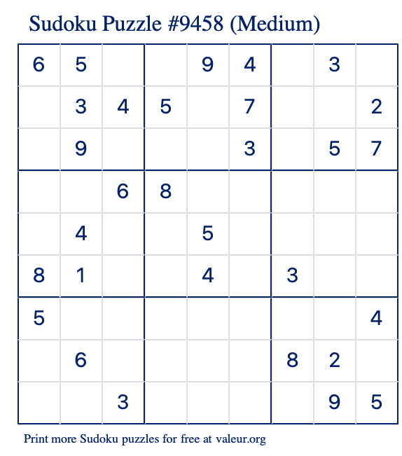 Free Printable Medium Sudoku Puzzle number 9458