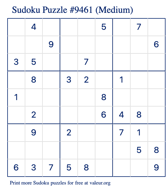 Free Printable Medium Sudoku Puzzle number 9461