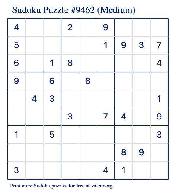 Free Printable Medium Sudoku Puzzle number 9462