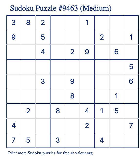Free Printable Medium Sudoku Puzzle number 9463