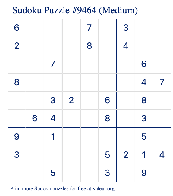 Free Printable Medium Sudoku Puzzle number 9464