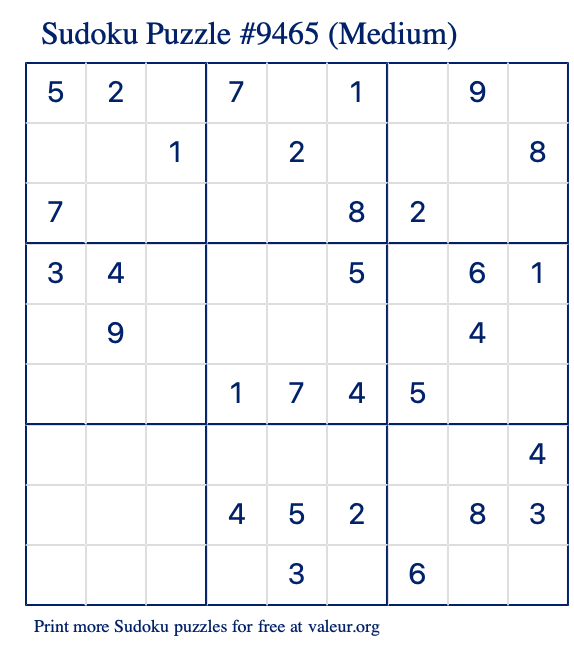 Free Printable Medium Sudoku Puzzle number 9465