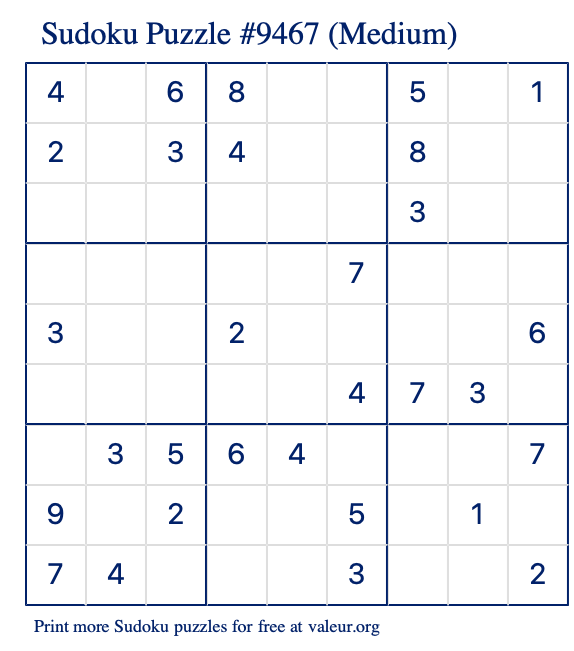 Free Printable Medium Sudoku Puzzle number 9467