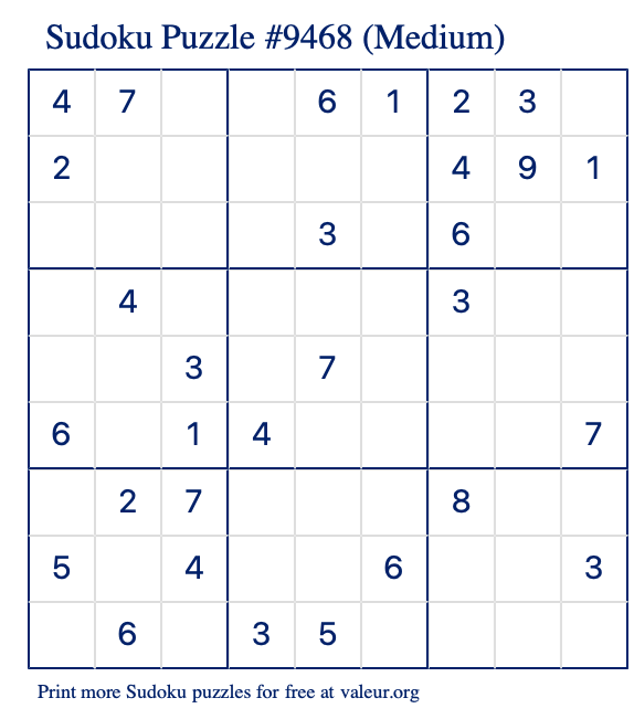 Free Printable Medium Sudoku Puzzle number 9468