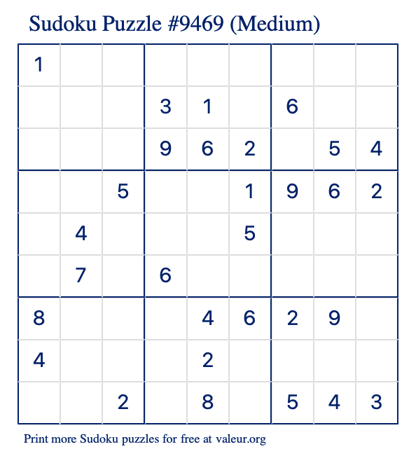 Free Printable Medium Sudoku Puzzle number 9469