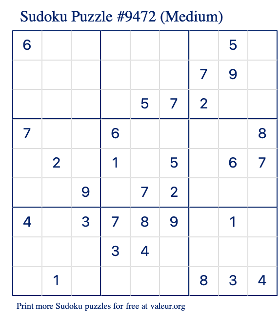 Free Printable Medium Sudoku Puzzle number 9472
