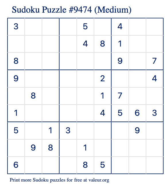 Free Printable Medium Sudoku Puzzle number 9474