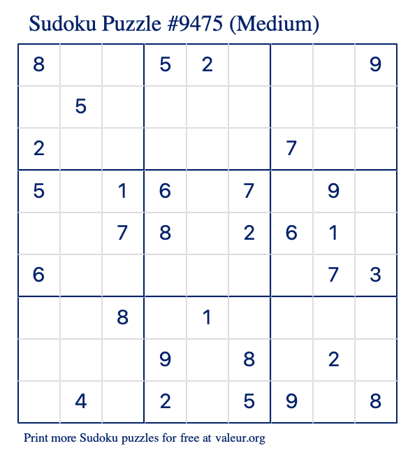 Free Printable Medium Sudoku Puzzle number 9475