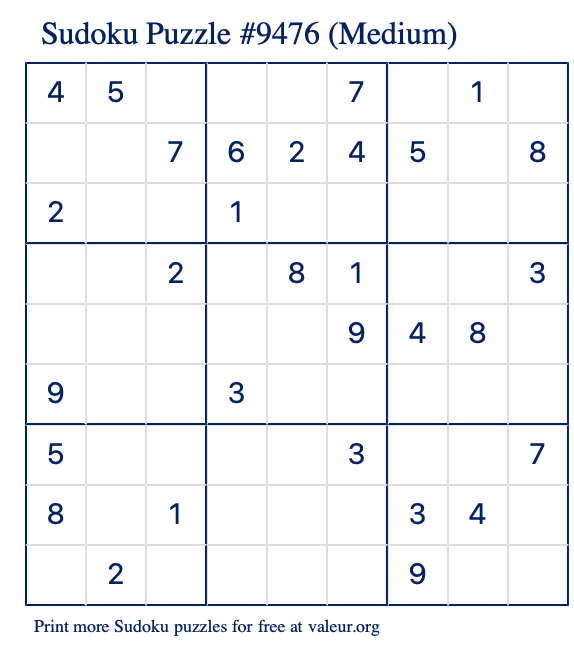 Free Printable Medium Sudoku Puzzle number 9476