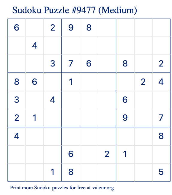 Free Printable Medium Sudoku Puzzle number 9477