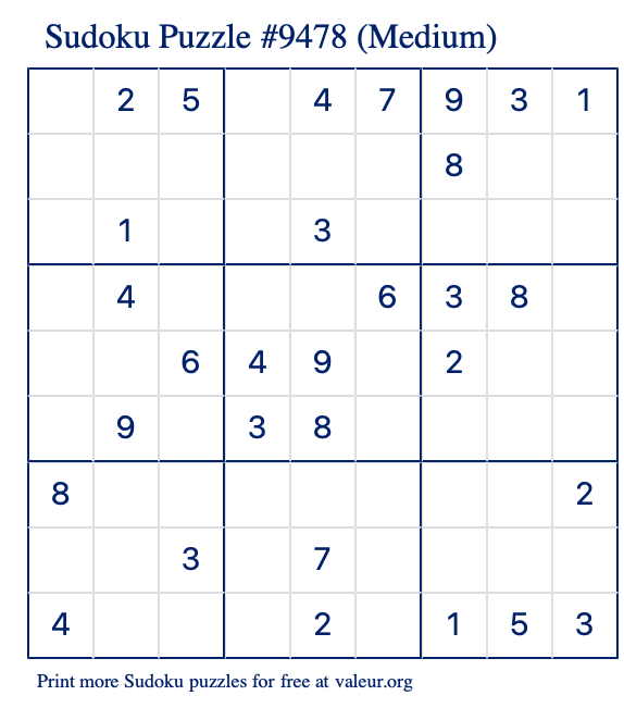 Free Printable Medium Sudoku Puzzle number 9478