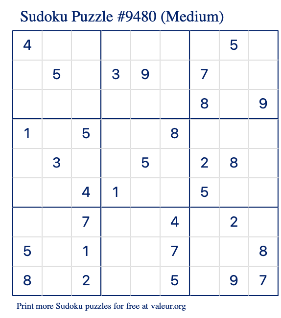 Free Printable Medium Sudoku Puzzle number 9480