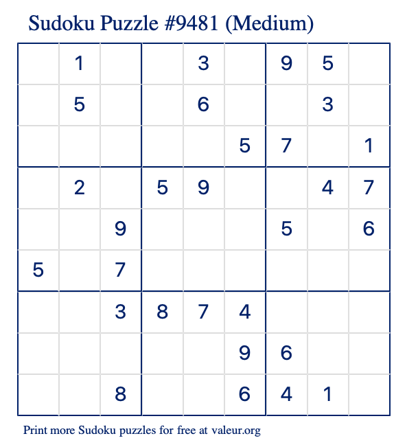 Free Printable Medium Sudoku Puzzle number 9481