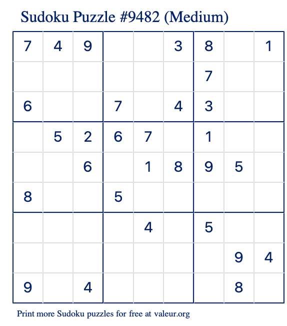 Free Printable Medium Sudoku Puzzle number 9482