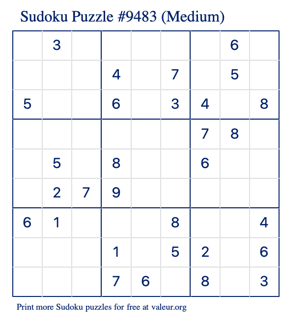 Free Printable Medium Sudoku Puzzle number 9483