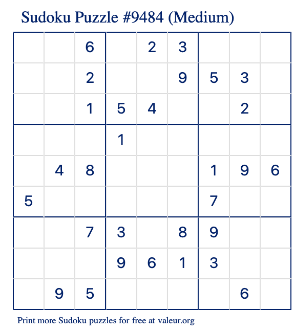 Free Printable Medium Sudoku Puzzle number 9484