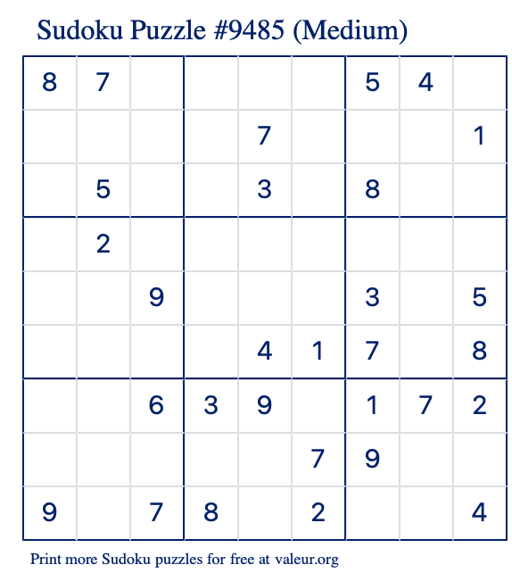 Free Printable Medium Sudoku Puzzle number 9485