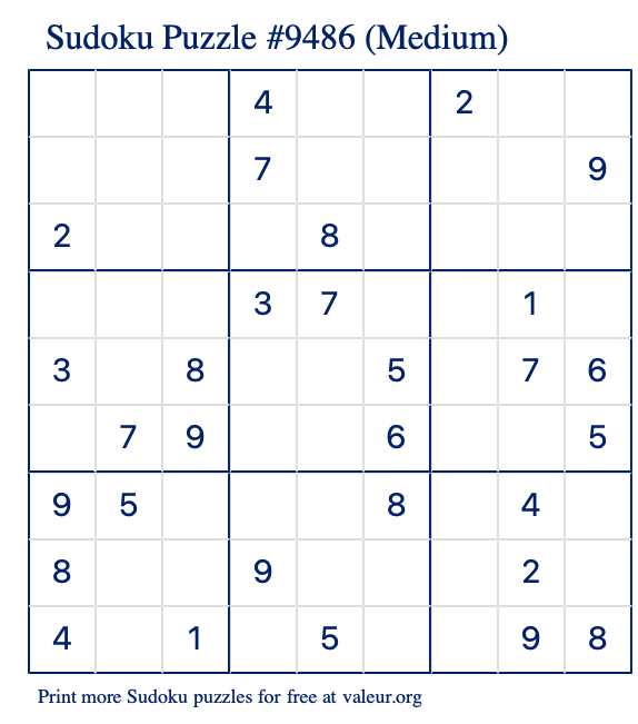 Free Printable Medium Sudoku Puzzle number 9486