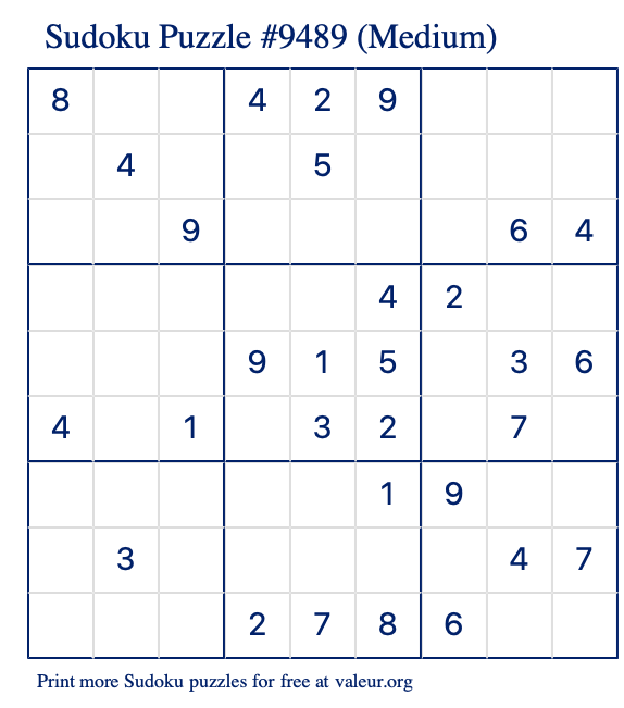 Free Printable Medium Sudoku Puzzle number 9489