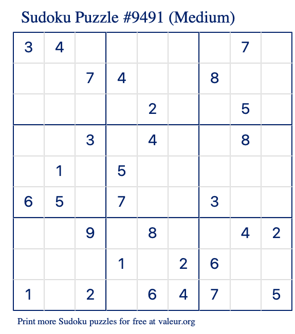 Free Printable Medium Sudoku Puzzle number 9491