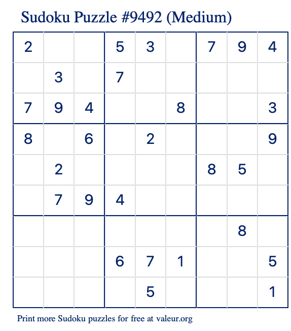 Free Printable Medium Sudoku Puzzle number 9492