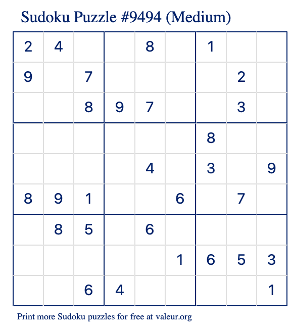 Free Printable Medium Sudoku Puzzle number 9494