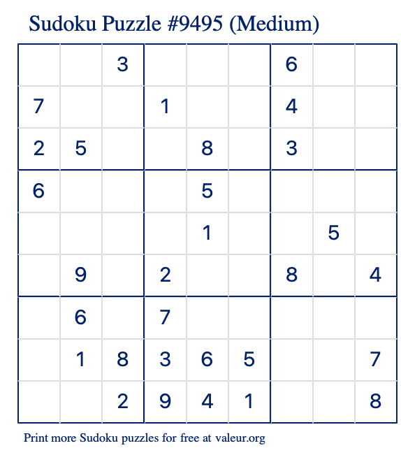 Free Printable Medium Sudoku Puzzle number 9495