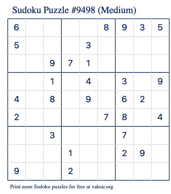 Free Printable Medium Sudoku Puzzle number 9498