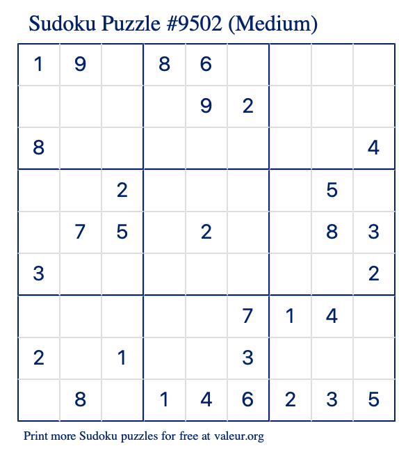 Free Printable Medium Sudoku Puzzle number 9502