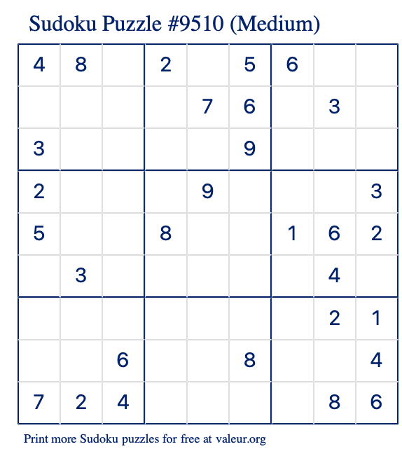 Free Printable Medium Sudoku Puzzle number 9510