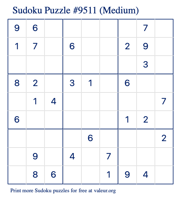 Free Printable Medium Sudoku Puzzle number 9511