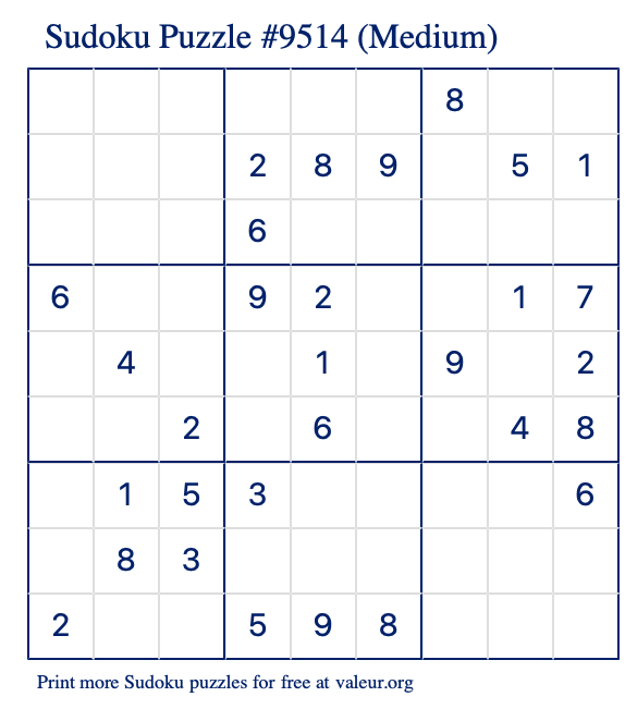 Free Printable Medium Sudoku Puzzle number 9514