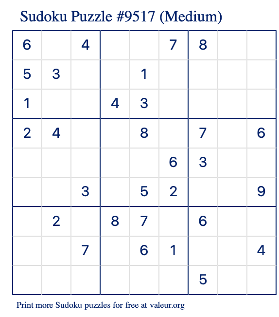 Free Printable Medium Sudoku Puzzle number 9517