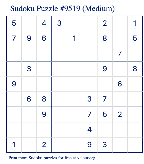 Free Printable Medium Sudoku Puzzle number 9519