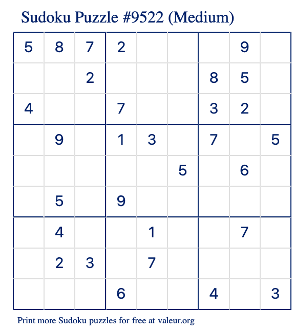 Free Printable Medium Sudoku Puzzle number 9522
