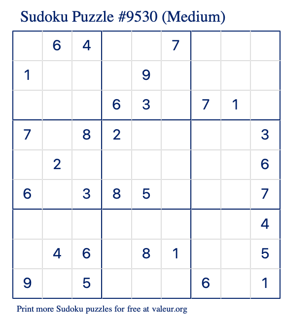 Free Printable Medium Sudoku Puzzle number 9530