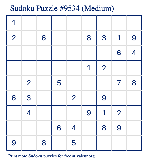 Free Printable Medium Sudoku Puzzle number 9534