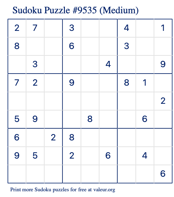 Free Printable Medium Sudoku Puzzle number 9535
