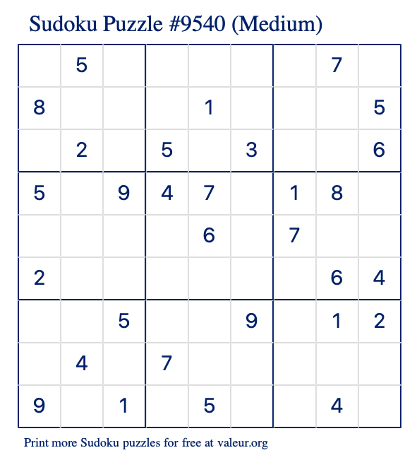 Free Printable Medium Sudoku Puzzle number 9540